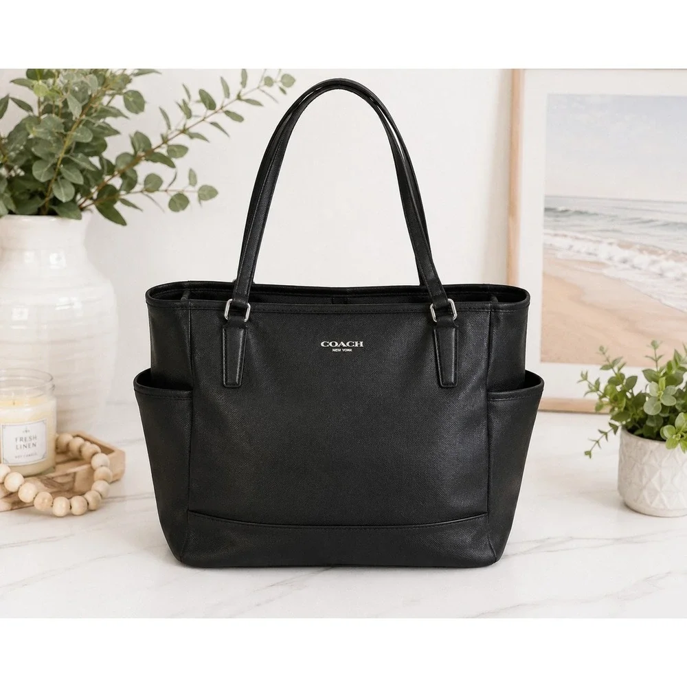 Coach Black Saffiano Leather Tote Shoulder Bag Silver Hardware Multi Pocket...